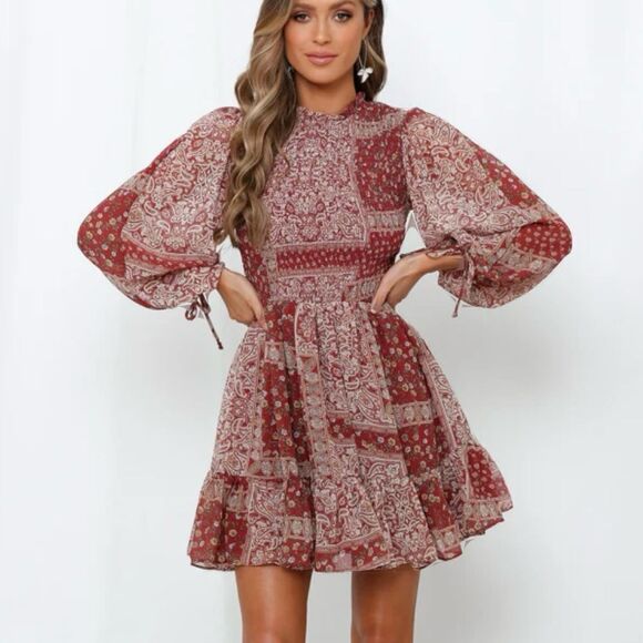 Polly Burgundy Patterned Ruffle Neck Long Sleeve Fit & Flare Dress - Picture 1 of 12